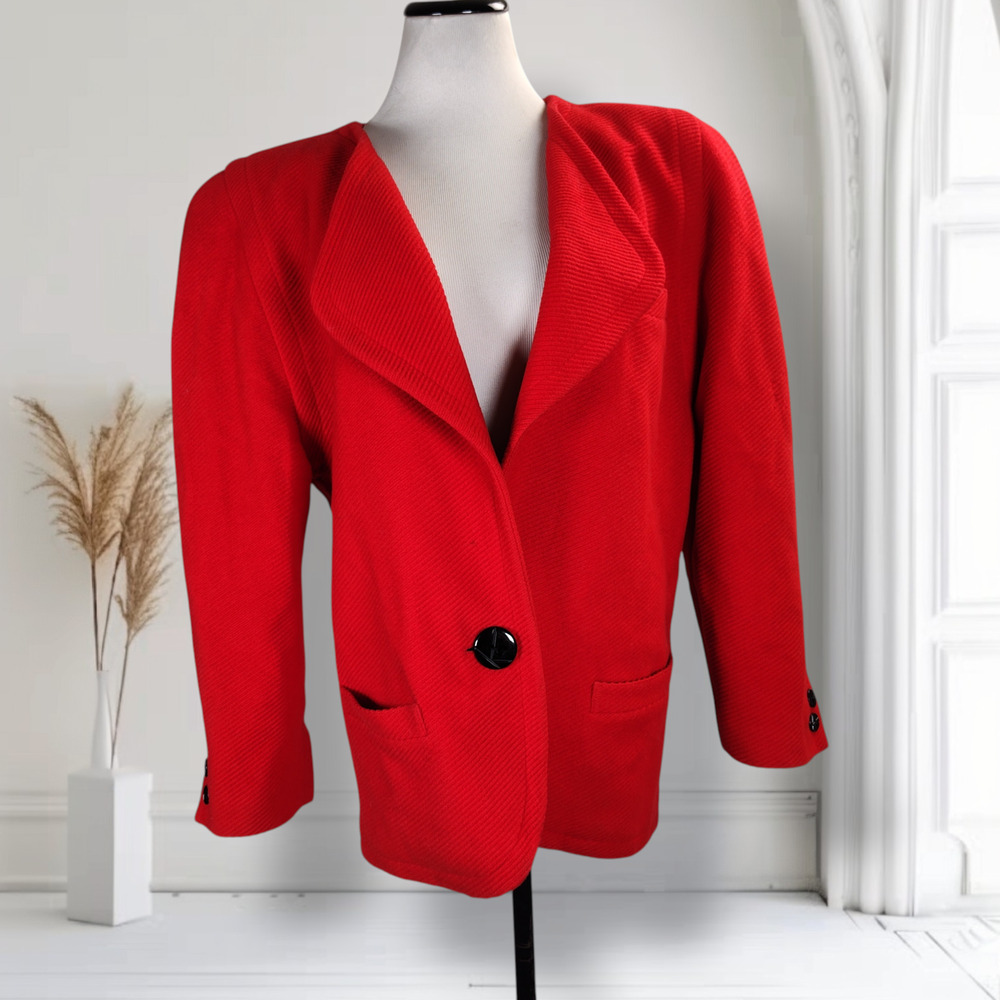 Vintage 80s Krizia Red Wool Blazer Womens 42 Made Italy Power Shoulder Jacket